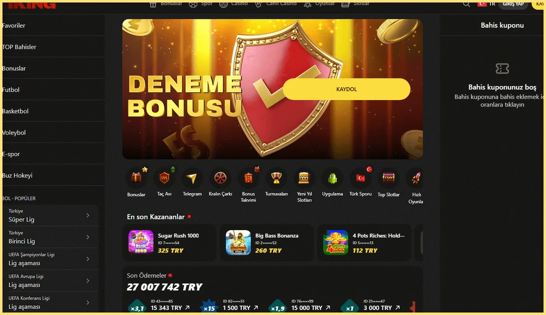 1King Casino ana sayfa görünümü: spor menüsü, deneme bonusu ve son kazananlar – örnek görünüm