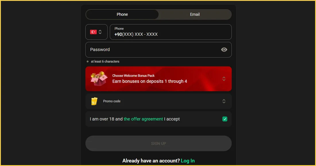 1King Casino kayıt formu: telefon veya e-posta, hoş geldin paketi seçimi ve promosyon kodu – örnek görünüm